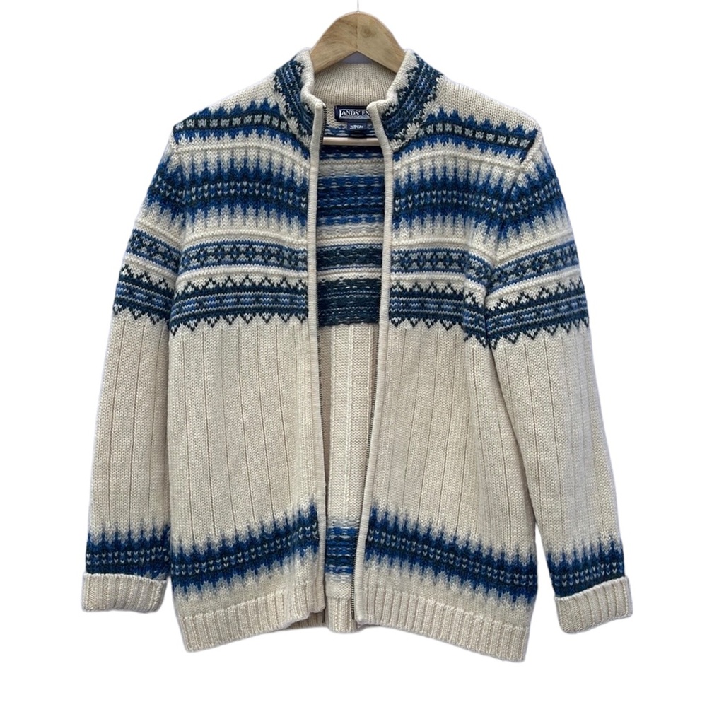 Vintage 100% Wool Sweater Zip Up Blue and Cream Size Medium